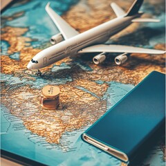 Aufkleber - Passport air ticket and credit card with world map on smartphone. Globe and red location pin in front airplane is taking off. For media tourism ads design. Travel transport concept. 3D Vector EPS10.