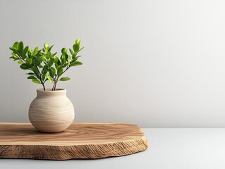 A small green plant in a wooden pot on a natural wood slice against a minimalist background.