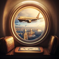 Aufkleber - Creative Time to Travel 3D Realistic Design Plane Window with Luggage and Globe together with Passports and Travel Pass with Landmarks and Airplane on the Clouds. Vector Illustration