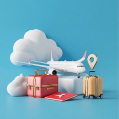 Aufkleber - airplane, cloud, blue passport, luggage or baggage appeared and displayed in front of large pin location for travel design, vector 3d on blue background for summer travel advertising design