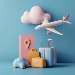 Aufkleber - airplane, cloud, blue passport, luggage or baggage appeared and displayed in front of large pin location for travel design, vector 3d on blue background for summer travel advertising design