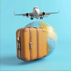 Aufkleber - 3D rendering globe pin map and suitcase with flight plane travel tourism plane trip planning world tour luggage, leisure touring holiday summer concept. minimal cartoon illustration