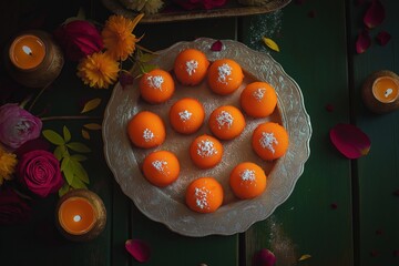 Wall Mural - Saffron-colored laddus in a silver plate