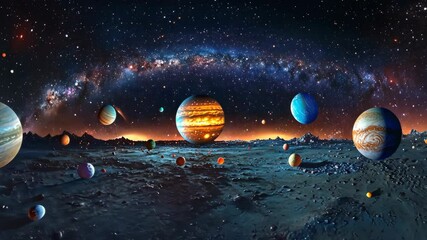 Wall Mural - Exploring a cosmic landscape filled with planets and a stunning galaxy backdrop at twilight