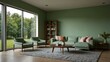 © claudunia - Modern living room with pastel green wall and large window.