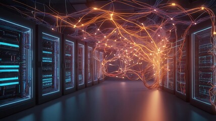 Wall Mural - A vibrant generative AI visualization of a data server room, with glowing nodes and connections symbolizing the flow of hosted information through the cloud