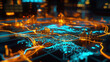© Jari.art - high resolution image showcasing futuristic city map illuminated in vibrant orange and blue lights, highlighting urban areas and pathways. intricate details create captivating visual experience