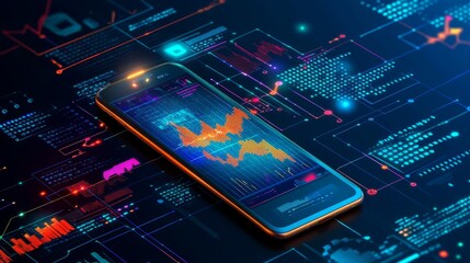 Wall Mural - isometric technology background featuring smartphone with business graphs, data analytics trends, an