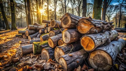 Aufkleber - Sunlight filtering through the trees illuminates a carefully stacked pile of logs, creating a warm and inviting scene.