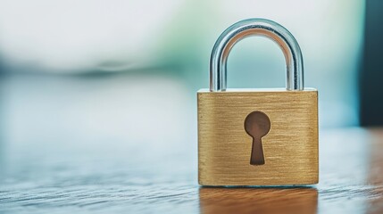 A close-up of a brass padlock rests on a surface, symbolizing security and protection in a blurred background.