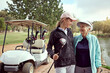 © peopleimages.com - Golf, women and holiday on course with hug, bonding and sport together outdoor for fun. Grandmother, cart and game with club, fitness and workout for health and wellness with love, joy and golfer