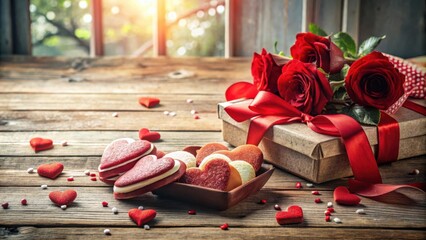 Wall Mural - A Romantic Gift of Cookies, Roses, and a Wrapped Box, Celebrating Love and Sweetness on a Rustic Wooden Table