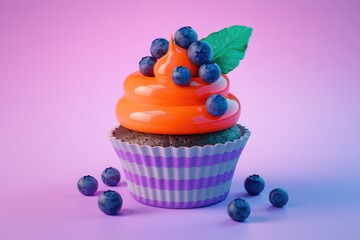 Poster - A delicious cupcake with orange frosting and blueberries  a vibrant dessert
