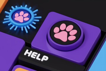 Leinwandbilder - 3D render of a help button with a pink paw print  symbolizing pet assistance
