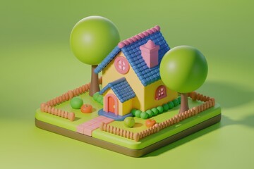 Poster - A charming 3D rendered cartoon house with trees and a small garden