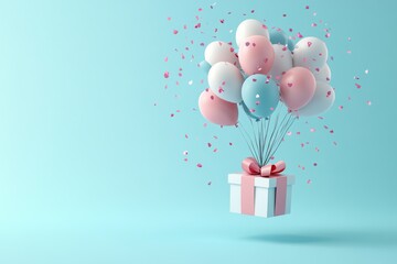 Wall Mural - Pastel colored balloons lifting a gift box with a pink ribbon and falling confetti on a light blue background, perfect for birthday celebrations