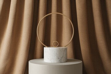 Poster - Minimalist display with gold circle frame  marble cylinder  and beige backdrop