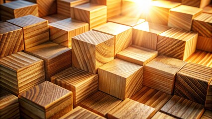 Aufkleber - A close-up of a wooden block structure with a warm sunlit glow, revealing intricate grain patterns and the geometric beauty of simple forms.