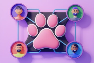 Poster - Four cartoon avatars connected by lines to pink paw print