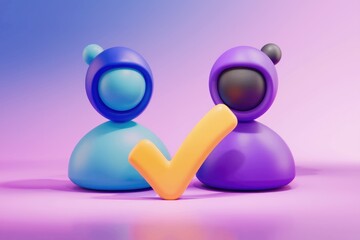 Fototapete - 3D render of two cartoon characters with a checkmark  signifying approval or confirmation