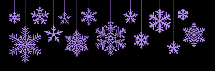 Canvas Print - Elegant purple snowflakes suspended in rows, set against a dark black background, ideal for festive and seasonal designs with a bold, modern twist.