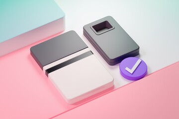 Aufkleber - 3D render of minimalist design elements  card  rectangle  checkmark  pastel colors