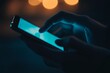 © Marina Demidiuk - Point finger on screen phone closeup, person testing test message, touch blue screen on smartphone. Night Bokeh Light. Close-UP. Person using in hands mobile phone close up in the dark. Online wi-fi