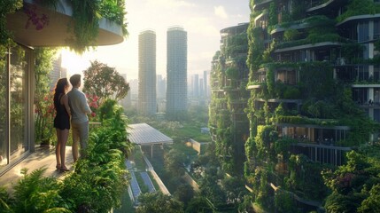 Aufkleber - A couple admires the stunning view from a balcony adorned with greenery in a contemporary urban development. Tall buildings surrounded by lush plants create a serene escape in the city during sunset.
