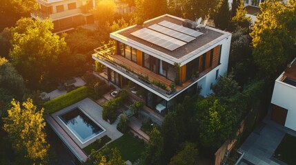 Poster - A stunning contemporary home featuring solar panels on the roof is nestled among vibrant trees. The property includes a sleek swimming pool and spacious outdoor areas, basked in warm sunset light.