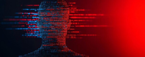 Anti tracking security concept. Abstract digital human figure with binary code representing technology and data.
