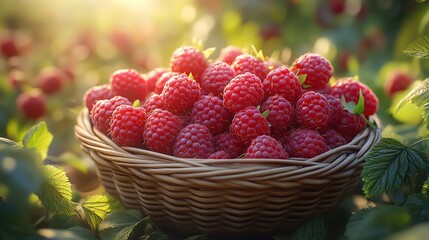 Wall Mural - Basket of fresh raspberries in a sunlit garden, vivid colors, closeup, natural light dapples