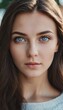 © Julija - A young woman 20-25 years old stands outdoors showcasing her long brown hair and captivating blue eyes. Soft natural light highlights her features creating a serene and calm atmosphere. Generative AI