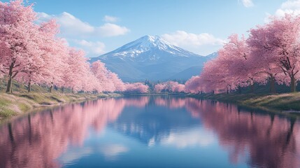 Wall Mural - A serene landscape featuring cherry blossoms, a tranquil river, and a snow-capped mountain.