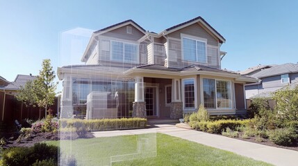Aufkleber - A contemporary two-story house stands out with its innovative design and lush landscaping. Augmented reality elements highlight the property’s features, showcasing real estate's future possibilities.