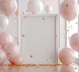 Wall Mural - Pink Balloons & White Frame Mockup: Festive Celebration Scene