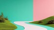 © ZpongXED - A vibrant, abstract landscape featuring a curved pathway, green hills, and contrasting pink and teal backgrounds, evoking a playful and modern aesthetic.