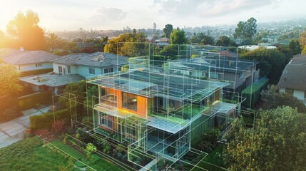 Poster - An advanced AI visualization of a modern house showcases its architectural design within a residential neighborhood. The digital layout illustrates the integration of technology and real estate.