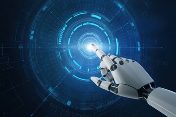 A white robotic hand is touching a glowing circular interface.