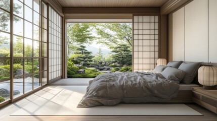Aufkleber - Tranquil Japanese Bedroom Overlooking Serene Garden Landscape