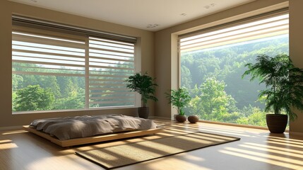 Aufkleber - Modern Minimalist Bedroom With Large Windows Overlooking Nature
