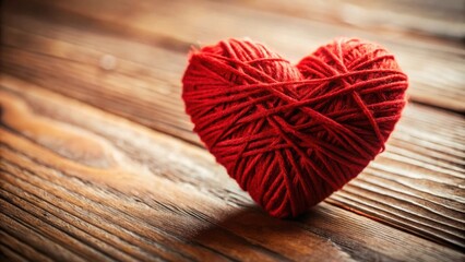 Poster - A heart-shaped ball of red yarn sits on a wooden surface, creating a simple and heartfelt symbol of love.