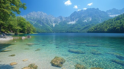 Wall Mural - A serene lake surrounded by mountains and lush greenery under a clear blue sky.