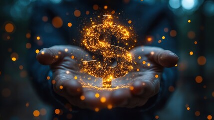 Wall Mural - businessman holding virtual us dollar sign with beautiful bokeh background usd is main exchange curr