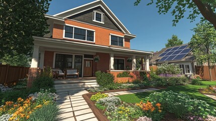 Poster - A modern brick house stands proudly with large windows and a welcoming porch, surrounded by colorful flowers and a well-kept garden. Solar panels adorn the roof, showcasing eco-friendly design.