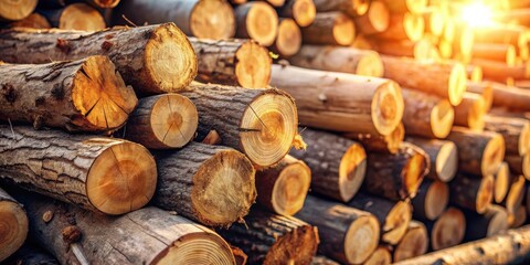 Aufkleber - Warm Golden Sunlight Bathes a Stack of Smoothly Sawn Logs, Revealing the Intricate Grain Patterns and the Natural Beauty of the Wood