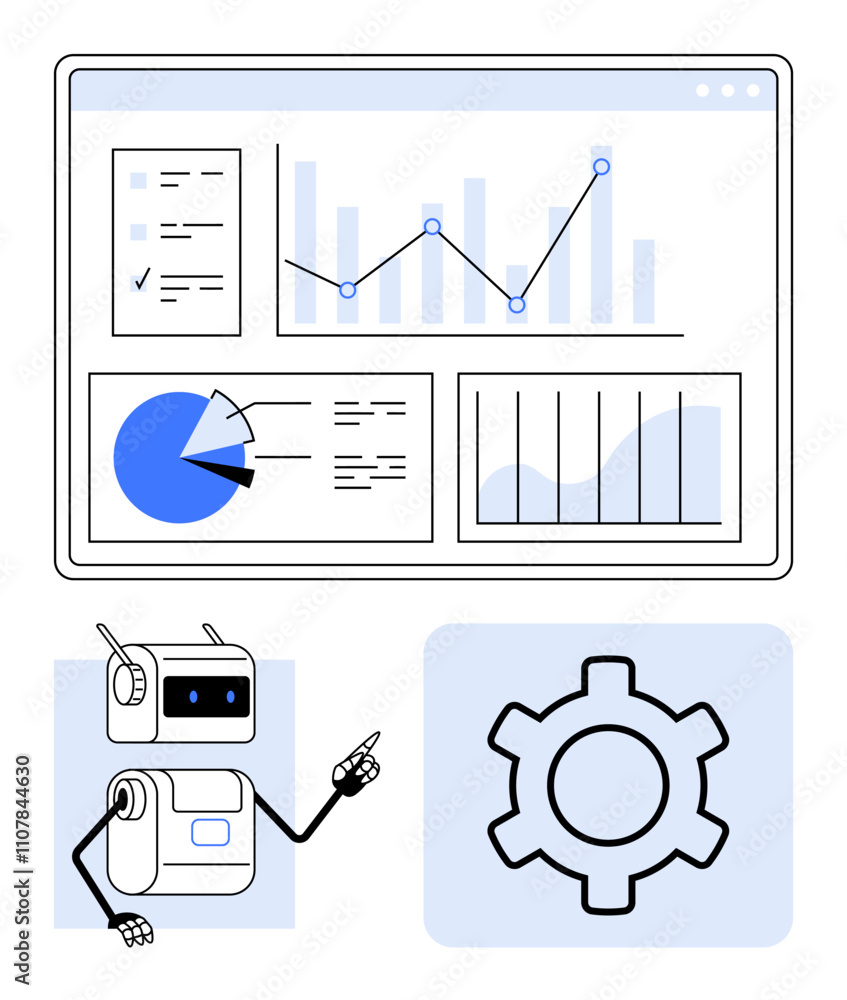 Robot pointing at dashboard with line, bar, and pie charts. Gear icon ...