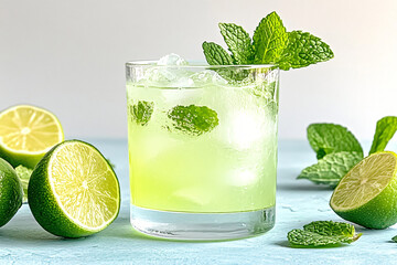 Wall Mural -  a fresh and refreshing green mojito in a glass with ice cubes, mint leaves, and a lime slice garnish, against a green background