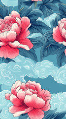 Poster - Light peony forms against cloud patterns, continuous design