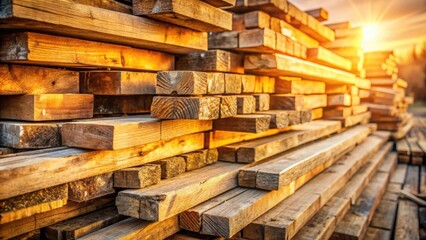 Aufkleber - A stack of weathered wooden planks bathed in the warm glow of the setting sun, showcasing the natural beauty and strength of raw lumber.