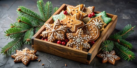 Wall Mural - Gingerbread cookies decorated with white icing in a wooden box, surrounded by evergreen branches and red berries